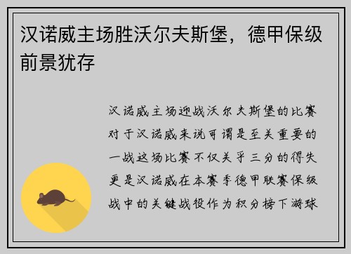 汉诺威主场胜沃尔夫斯堡，德甲保级前景犹存