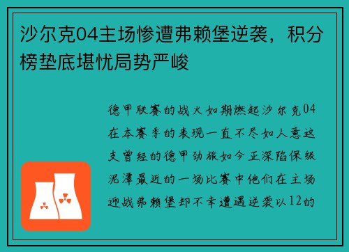 沙尔克04主场惨遭弗赖堡逆袭，积分榜垫底堪忧局势严峻