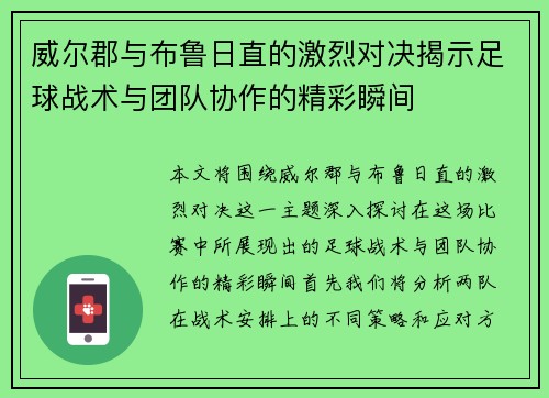 威尔郡与布鲁日直的激烈对决揭示足球战术与团队协作的精彩瞬间